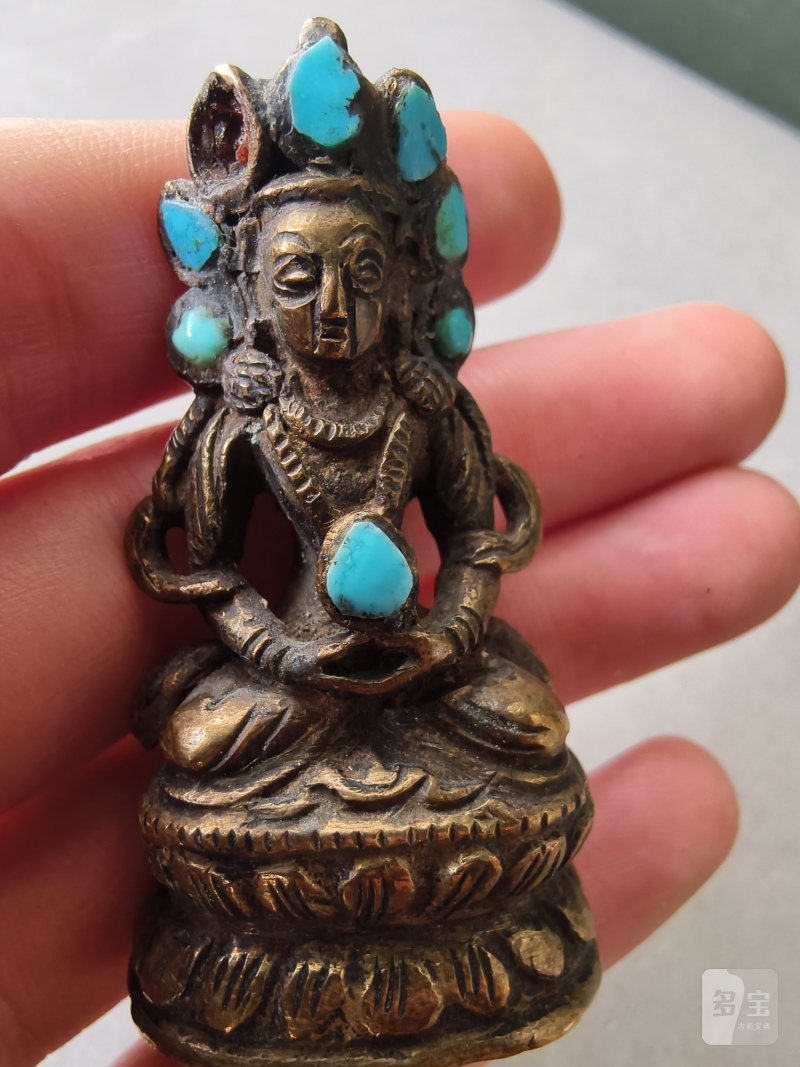 A copper gahu with partially gilded silver front with 'Buddhist emblems' and figure of Amitayus with turquoise inlays - 图18